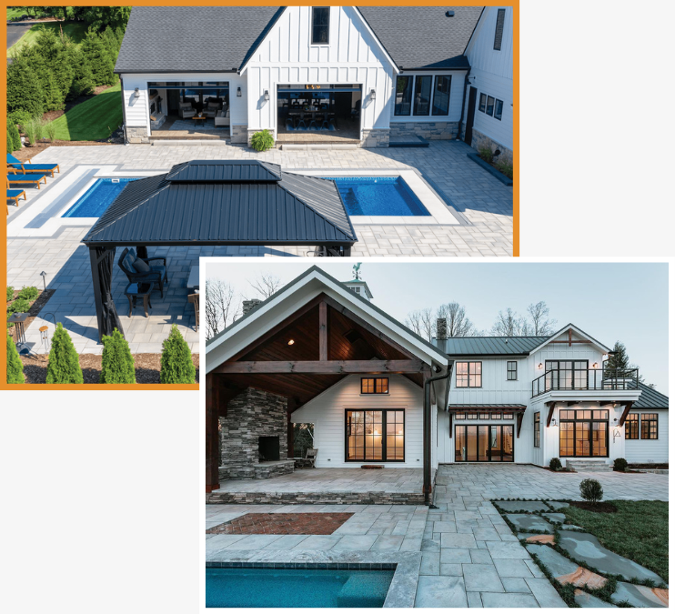 A collage of two different houses with pools and a pool house.